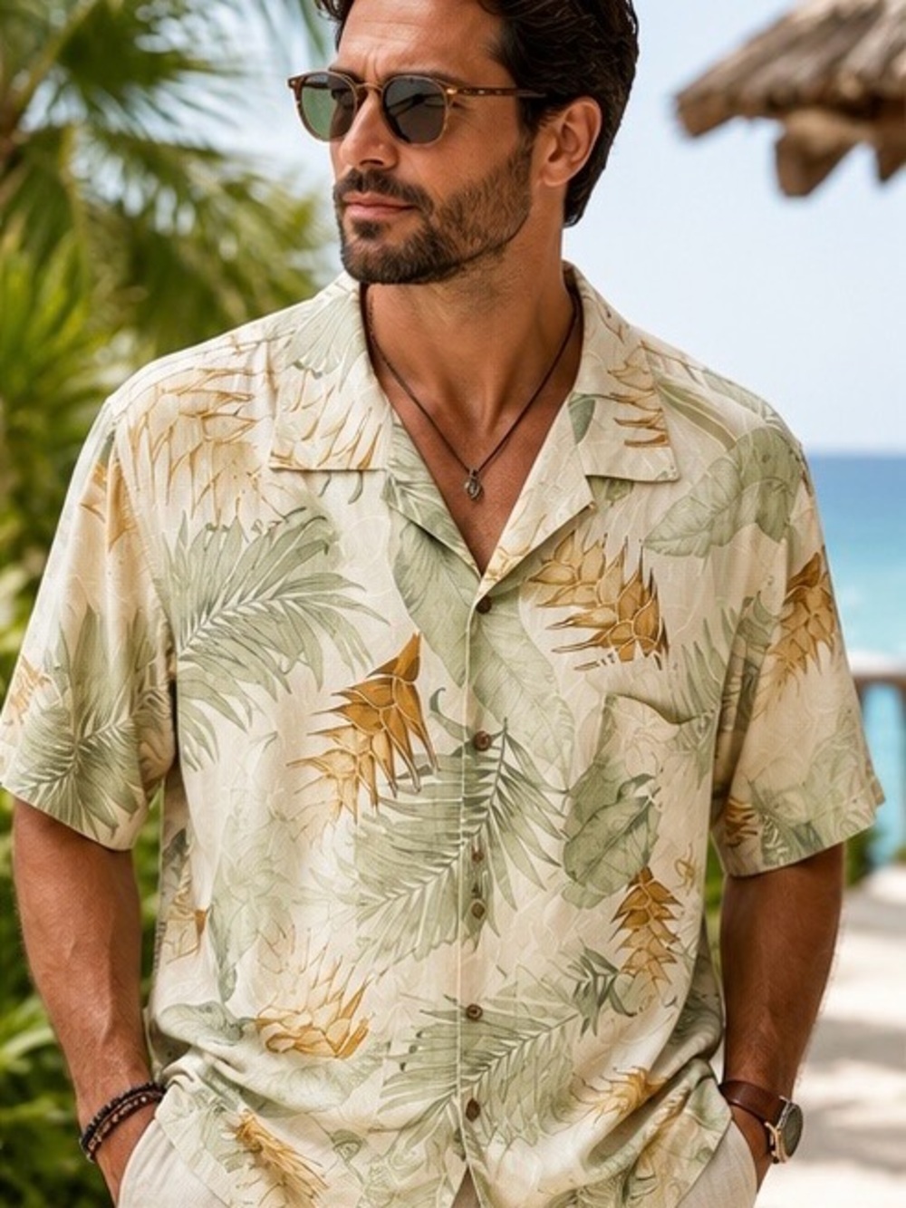 100% Silk Hawaiian Shirt Men’s Large Cream Tropical Palm Camp Shirt Resort